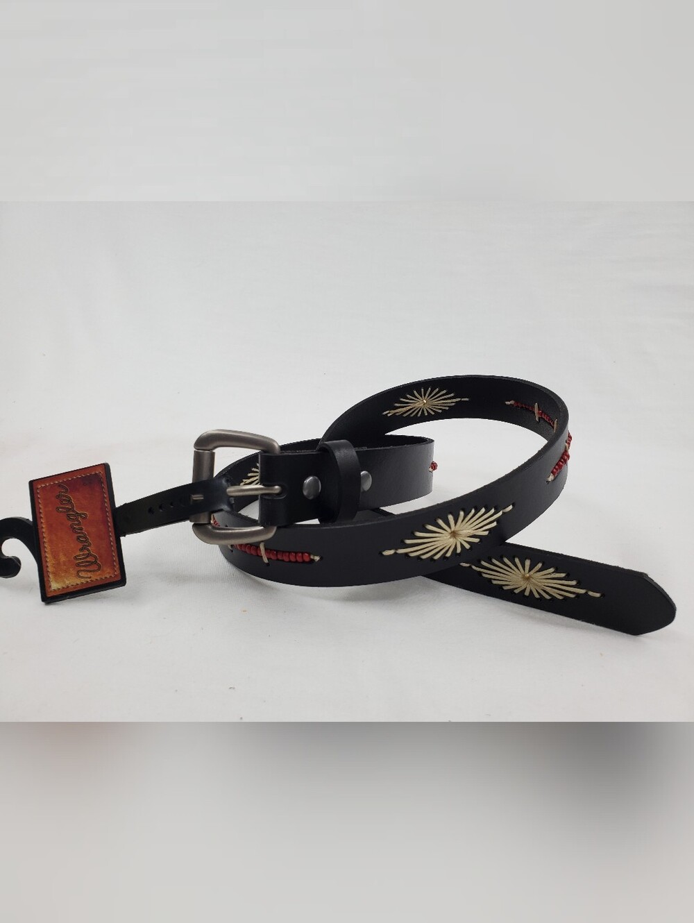 Wrangler Women's Black Leather Belt with Cream Sunburst Inlays and Red Beadwork
